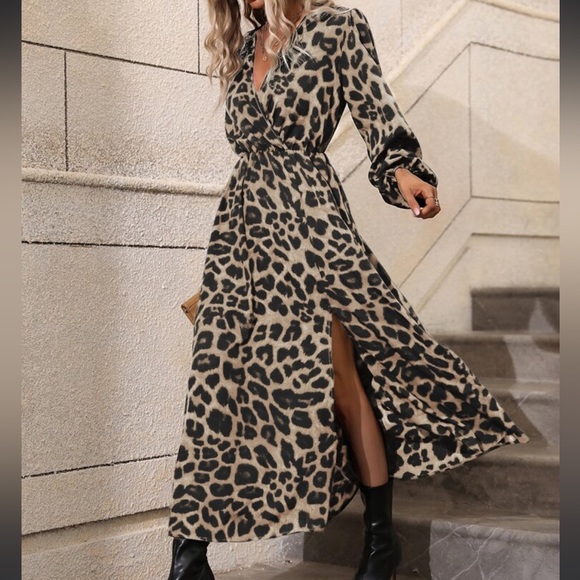 Boho Leopard Print Slit Long Sleeve Maxi Dress - Picture 4 of 16